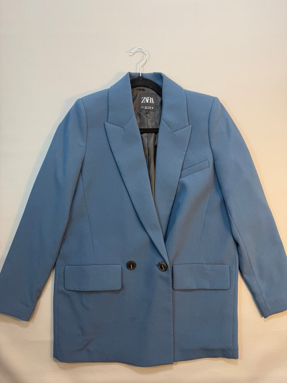 Zara Mens Sz Medium Double Breasted Oversized Lined Blazer Blue Peak Lapel Coat